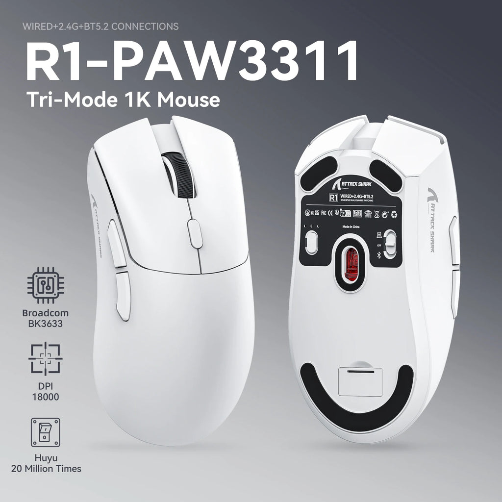 Attack Shark R1 1000Hz Bluetooth Mouse,18000dpi,PAW3311,Tri-mode