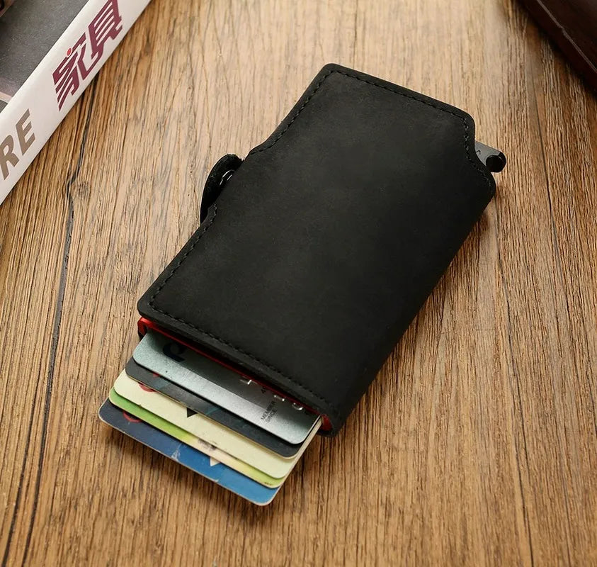 Kemy RFID Business Credit Card Holder Men Multifunction Automatic Aluminium Alloy Leather Cards Case Mini Wallet Slim Coin Purse