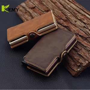 Kemy RFID Business Credit Card Holder Men Multifunction Automatic Aluminium Alloy Leather Cards Case Mini Wallet Slim Coin Purse